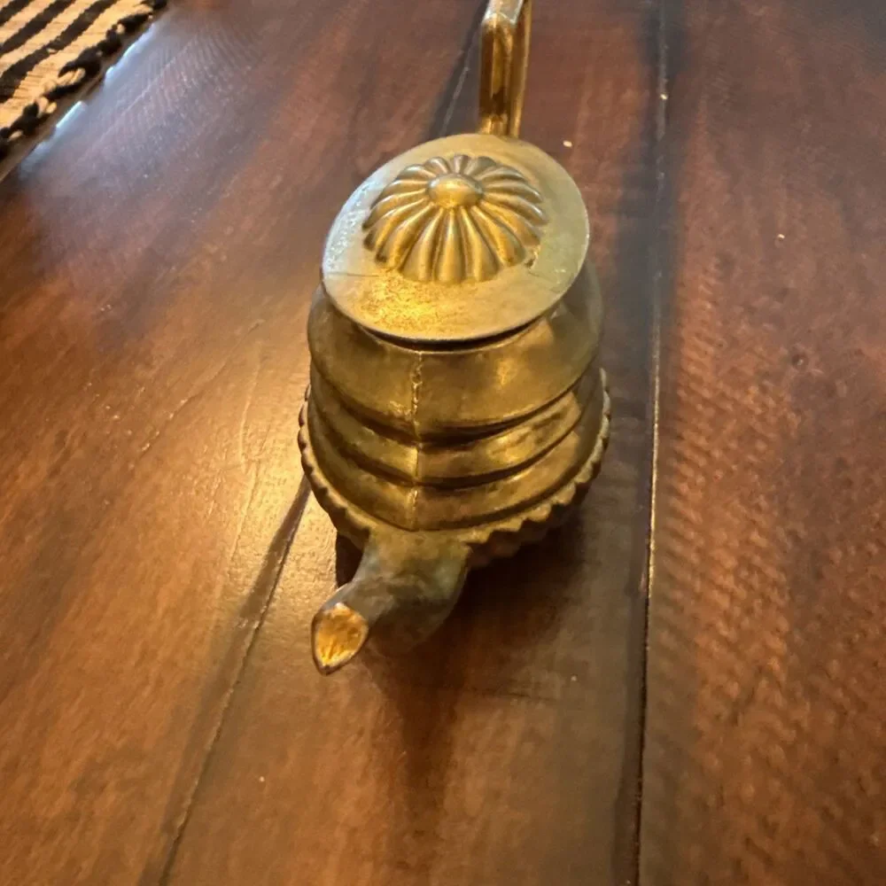 Vintage 1930s Art Deco Brass Teapot Pumpkin Ribbed Tiered Design Made In England